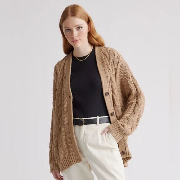 Quince Cable Knit Cardigan Tan Brown Chunky Fisherman Sz Large Organic Cotton - Picture 1 of 5